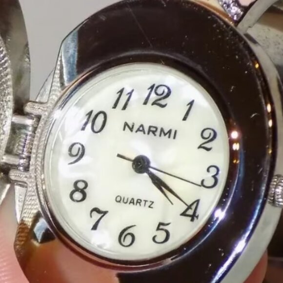 Vintage Rare Narmi Enamel Rhinestone Bracelet Watch with Case Cover MOP, Runs - Picture 2 of 9